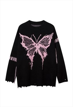 Distressed knitted jumper butterfly sweater ripped top black