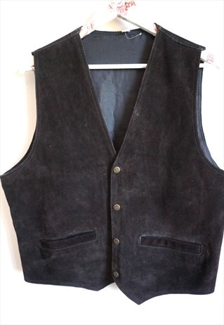 VINTAGE BLACK SUEDE LEATHER VEST BIKER ROCKER TOP CLASSIC