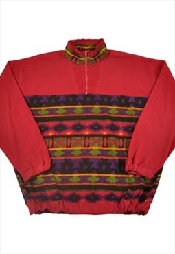 Vintage Fleece 1/4 Zip Retro Pattern Red XL