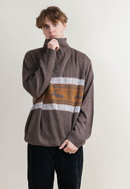 Vintage 90s Nordic Half Zip Knit Jumper in Winter Print L