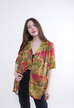 80s retro floral blouse, bohemian shirt XL size oversized 