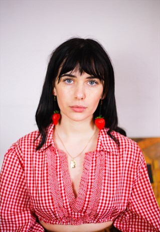 HAND MADE PLASTIC LONG STEM STRAWBERRY EARRINGS
