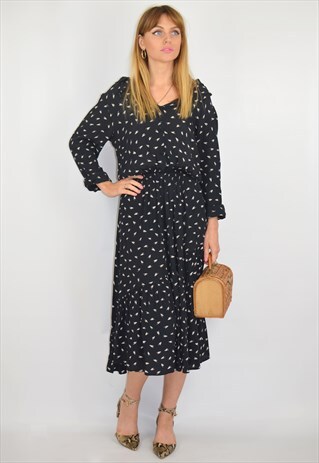 VINTAGE 70S BLACK & WHITE PRINT BOHEMIAN MIDI DRESS