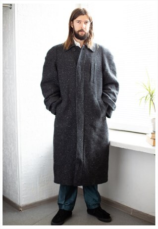 VINTAGE 80'S GREY WOOL HERRINGBONE WINTER COAT