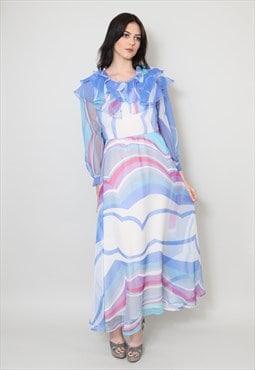 70's Vintage Ladies Ruffle Sheer Blue White Maxi Dress