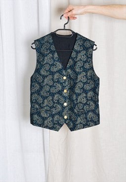 Vintage 90s Black Blue Paisley Flower Print Preppy Vest