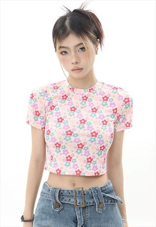 STAR PRINT CROP TOP SHORT T-SHIRT TUMMY EXPOSING TOP IN PINK