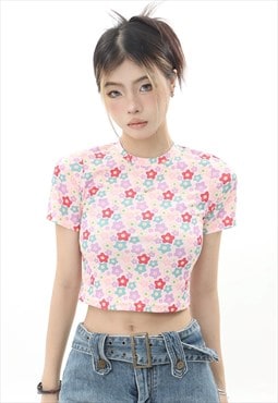 Star print crop top short t-shirt tummy exposing top in pink