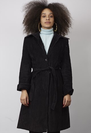 VINTAGE 90'S BLACK BROWN CORDUROY TRENCH COAT
