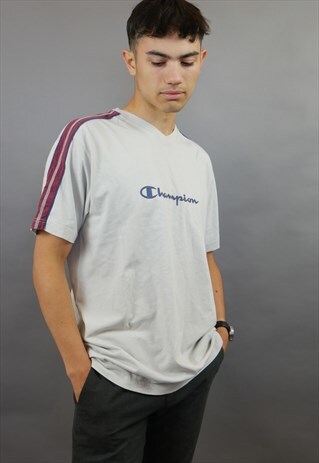 GREY CHAMPION SPELL OUT T-SHIRT WITH MAROON TAPED SLEEVES