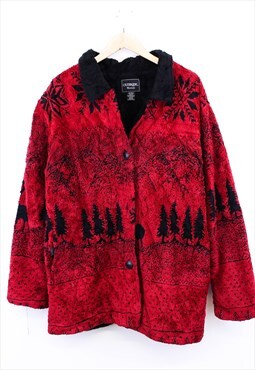 Vintage Faux Fur Fleece Jacket Red Button Up With Pattern 