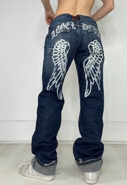 Vintage Y2k Jeans Angel Wings Baggy Low Rise 90s Grunge 00s