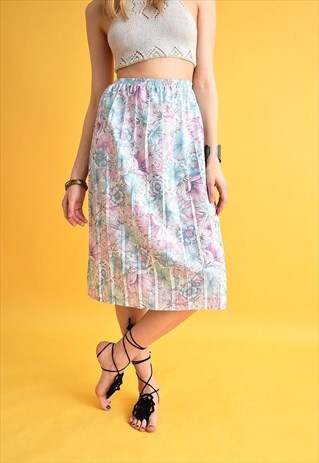 VINTAGE 70'S MOD PASTEL FLORAL PATTERN PRINT MIDI SKIRT