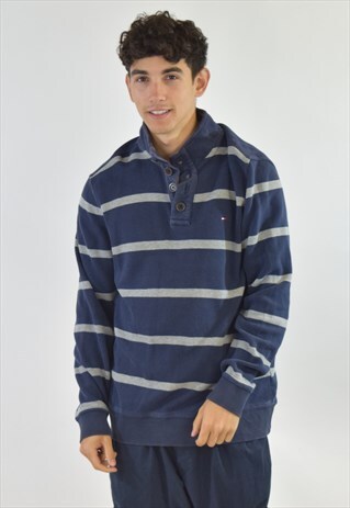 VINTAGE 90S BLUE GREY STRIPED TOMMY HILFIGER SWEATSHIRT