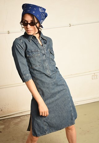 VINTAGE 90S SISLEY FESTIVAL MIDI DRESS IN BLUE DENIM
