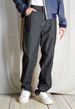 Vintage 90s Dark Grey Striped Grunge Lightweight Mens Jeans