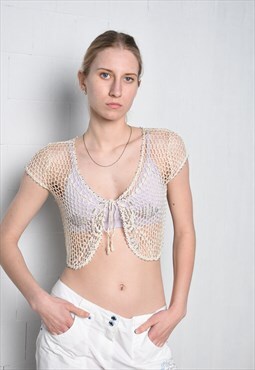 Vintage Y2K 00s Boho mesh crochet knit blouse crop top