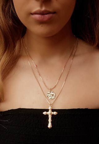 VINTAGE CROSS AND TEXTURED COIN MULTI ROW NECKLACE IN GOLD