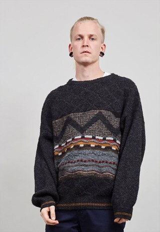 VINTAGE 90'S DARK GREY PATTERNED KNIT JUMPER