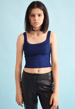 70'S RETRO FESTIVAL KNIT NAVY BLUE CROP TOP