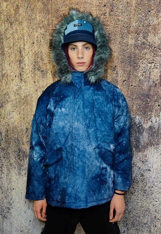 GRADIENT SPACE PRINT PARKA TIE-DYE PRINT BOMBER COAT IN BLUE