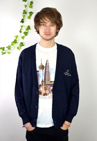 80S VINTAGE BLUE BACK PATTERNED KNIT CARDIGAN