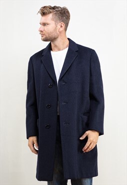 Vintage 90's Blue Wool Coat Men Classic