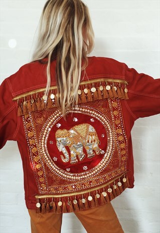 ONE OF A KIND EMBELLISHED ELEPHANT RED DENIM LEVIS JACKET