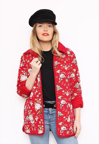 VINTAGE 90S RED FLORAL QUILTED REVERSIBLE SPRING JACKET