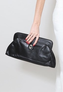 70's Vintage Ladies Bag Black Leather Clutch 