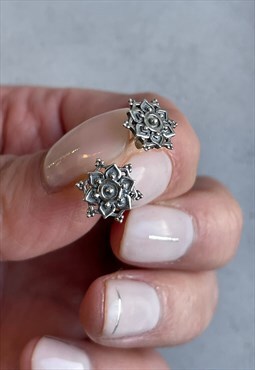 Silver Mandala Lotus Earrings, 925 Sterling Silver Jewellery