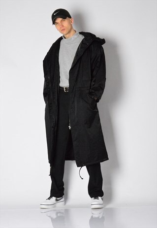 VINTAGE 80S BLACK MINIMALIST SHELL LONG COAT WITH HOOD