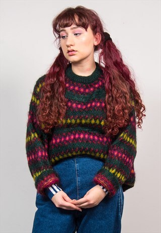 VINTAGE 90'S GREEN KNIT PATTERN OVERSIZED JUMPER
