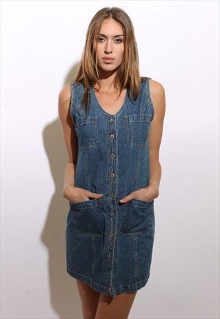 VINTAGE 1990'S 90'S BLUE JEANS MINI DRESS DENIM TANK M-L