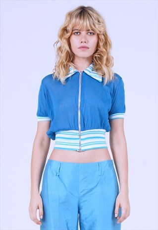 VINTAGE 70'S ZIP UP BLUE POLO SHIRT TOP