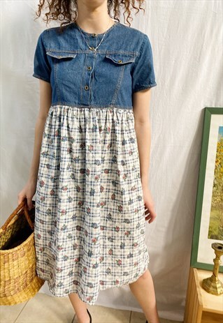 VINTAGE 90S BOHO TARTAN CHECK DENIM & FLORAL SMOCK DRESS
