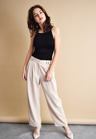 90'S RETRO SMART CLASSY BEIGE MINIMALIST LOOSE TROUSERS
