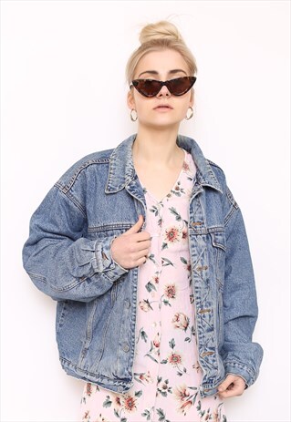 VINTAGE 90S BLUE DENIM OVERSIZED CHECK LINED JACKET