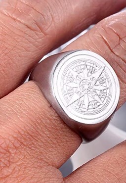 54 Floral Compass Face Band Signet Ring - Silver