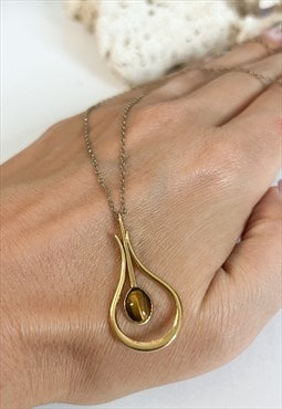 1970's Delicate Gold Teardrop Brown Stone Necklace