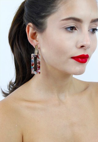 PURPLE & BLUE GEOMETRIC RECTANGLE ACRYLIC DROP EARRINGS