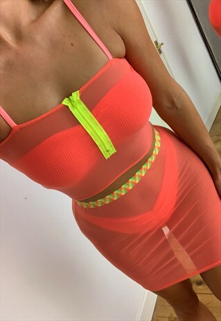 NEON CORAL MESH CAMI & SKIRT CO-ORD WITH NEON ZIP