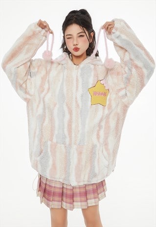 STRIPED FLEECE JACKET FLUFFY BOMBER ANIME COAT PASTEL PINK