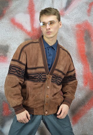 VINTAGE BROWN GRAPHIC CLASSIC LEATHER BOMBER JACKET