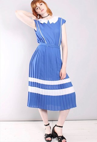VINTAGE 60S MIDI DRESS IN BLUE WITH BELT AND PINHOLE COLLAR