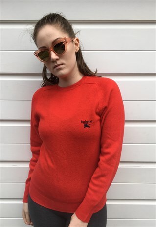 WOMENS VINTAGE 80S BURBERRY JUMPER RED WOOL SWEATER TOP