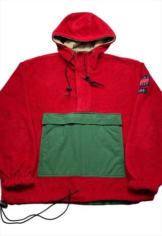 TOMMY HILFIGER OUTDOORS RED & GREEN 1/4 ZIP PULLOVER HOODIE