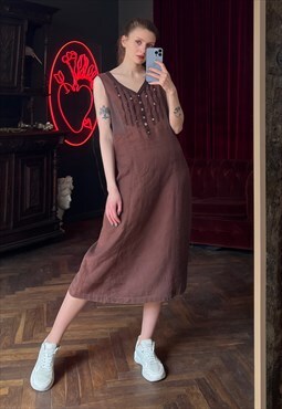 Linen Brown Midi Dress, Sleeveless Pure Linen Summer Dress