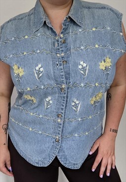 Denim shirt top embroidery floral top 70's 80's 90's Y2K