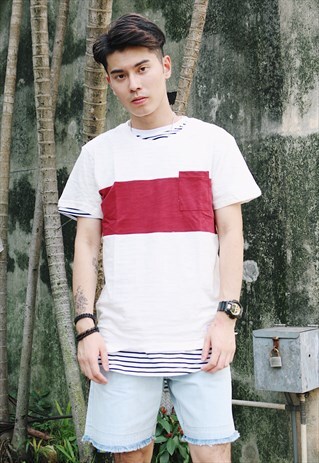 STRIPE & POCKET T-SHIRT - RED